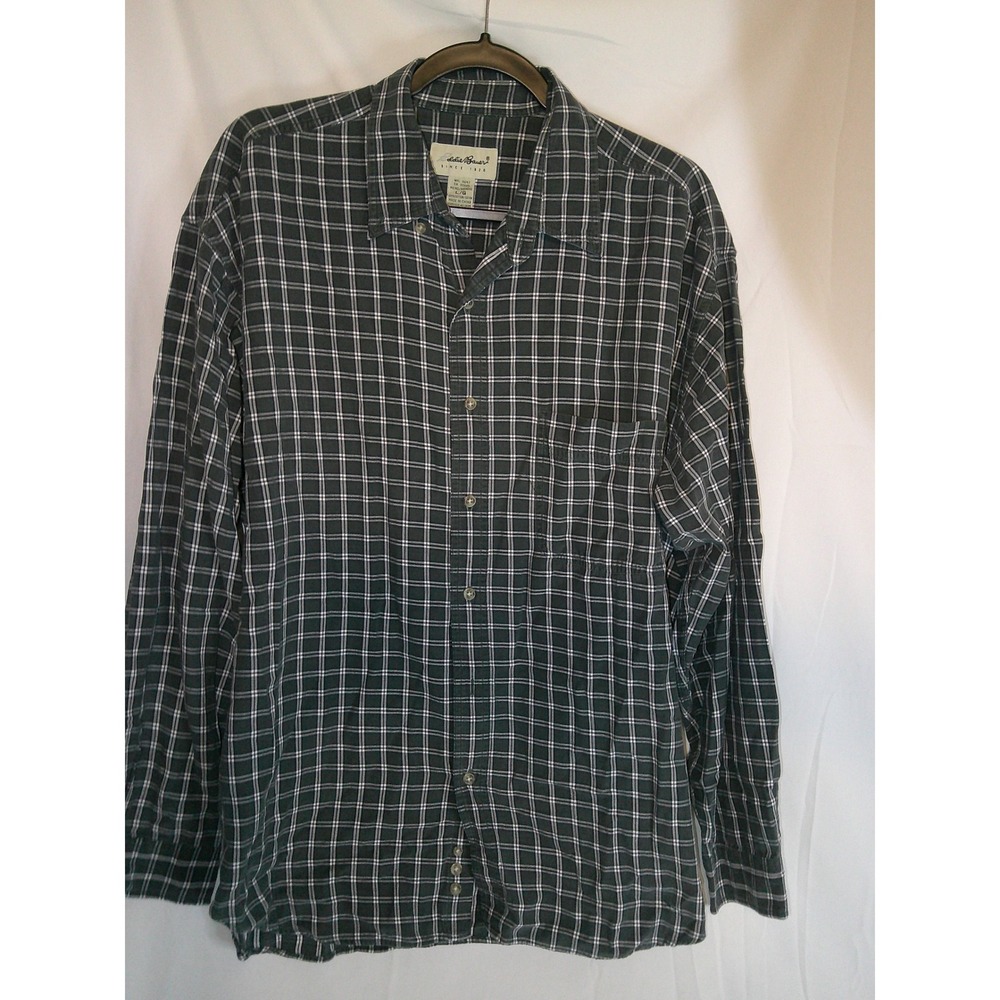 Eddie Bauer Tartan Green & White Plaid‎ Shirt Long Sleeve Large